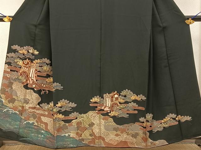 平和屋着物■豪華黒留袖 駒刺繍 御所車浜松文 金彩 正絹 逸品 BAAY6549hj