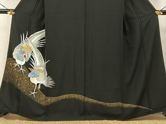 平和屋着物■豪華黒留袖 刺繍 尾長鶏 金彩 正絹 逸品 BAAY6550hj