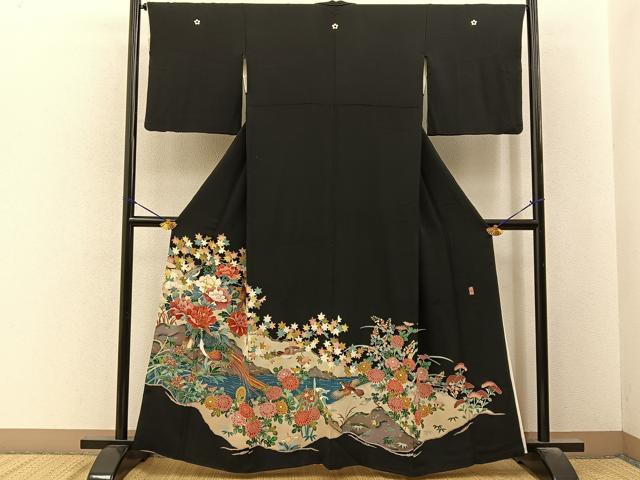平和屋着物■豪華黒留袖 友禅 作家物 尾長鶏流水花文 正絹 逸品 BAAY6555hj
