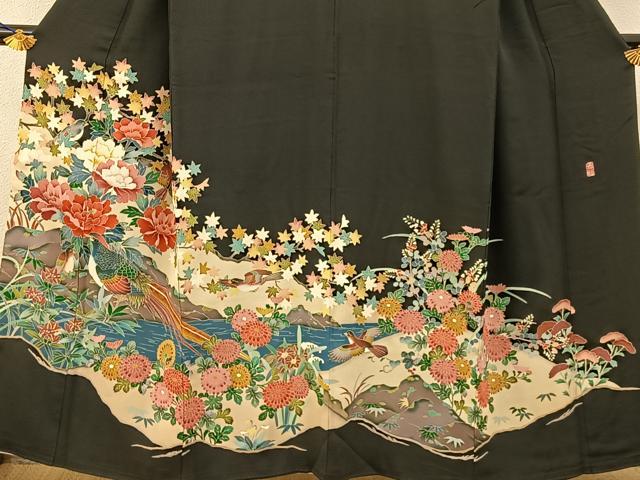 平和屋着物■豪華黒留袖 友禅 作家物 尾長鶏流水花文 正絹 逸品 BAAY6555hj