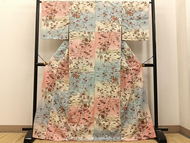 平和屋着物■上質な小紋 紬地 草花文 暈し染め 金彩 ロング丈 正絹 逸品 未使用 BAAY6574hj