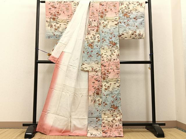 平和屋着物■上質な小紋 紬地 草花文 暈し染め 金彩 ロング丈 正絹 逸品 未使用 BAAY6574hj