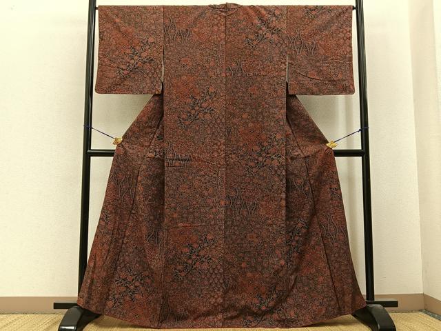 平和屋着物■上質な小紋 紬地 吉祥花文 正絹 逸品 BAAY6582hj