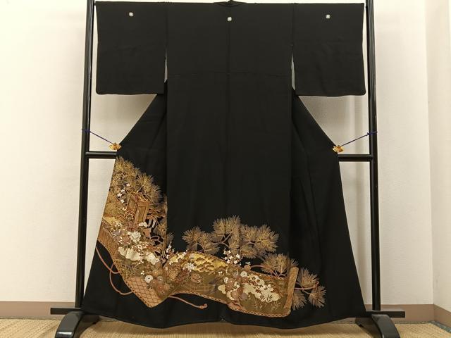 平和屋着物■豪華黒留袖 駒刺繍 御所車絵巻花文 金銀彩 正絹 逸品 BAAY6595hj