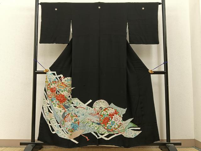 平和屋着物■豪華黒留袖 駒刺繍 鏡裏貝桶花文 金彩 正絹 逸品 BAAY6619hj