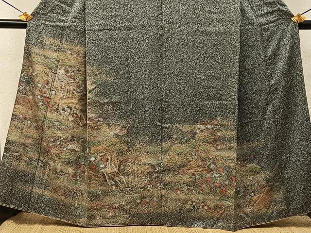 平和屋着物■訪問着 御所車花文 たたき染め 黒地 金彩 やまと誂製 正絹 逸品 BAAY6669hj