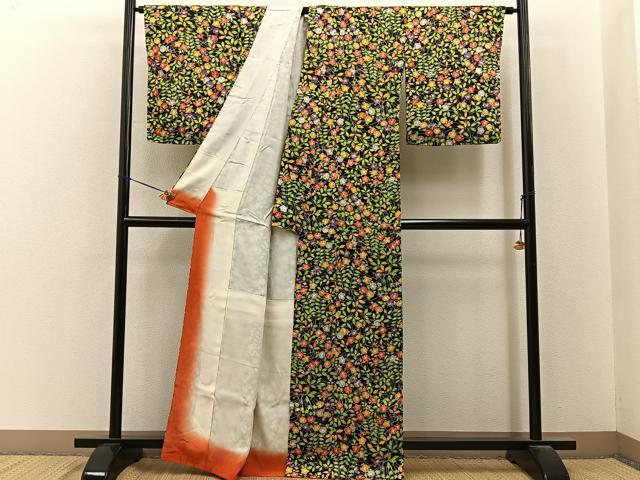 平和屋着物■上質な小紋 秋草文 黒地 正絹 逸品 未使用 BAAY6671hj