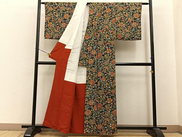 平和屋着物■上質な小紋 草花文 濃紺地 鬼しぼ縮緬 正絹 逸品 BAAY6677hj