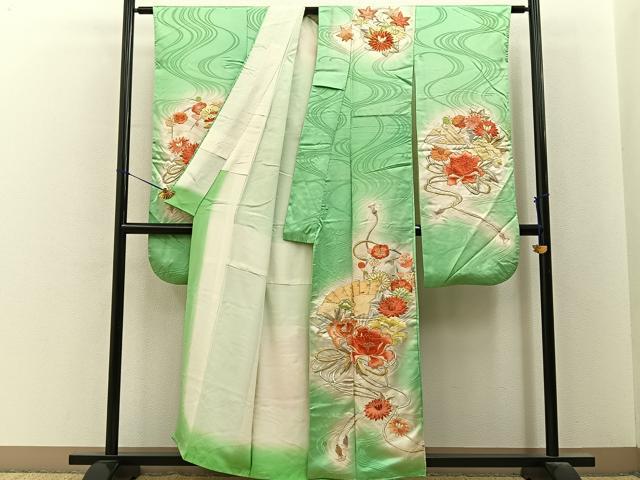 平和屋着物■豪華振袖 駒刺繍 総刺繍 扇面花文 暈し染め 金銀彩 正絹 逸品 BAAY6690hj
