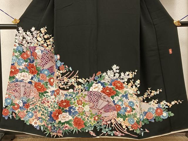 平和屋着物■豪華黒留袖 友禅 作家物 檜扇花文 正絹 逸品 BAAY6712hj