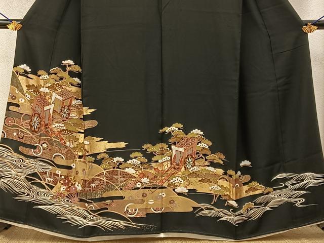 平和屋着物■豪華黒留袖 御所車花文 金彩 正絹 逸品 BAAY6717hj