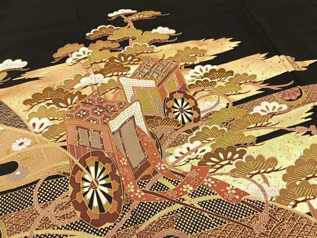 平和屋着物■豪華黒留袖 御所車花文 金彩 正絹 逸品 BAAY6717hj