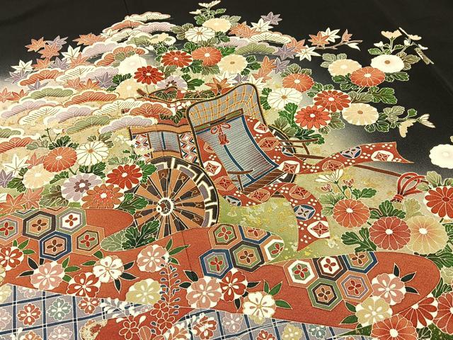 平和屋着物■豪華黒留袖 作家物 駒刺繍 御所車花文 暈し染め 金彩 正絹 逸品 BAAY6731hj