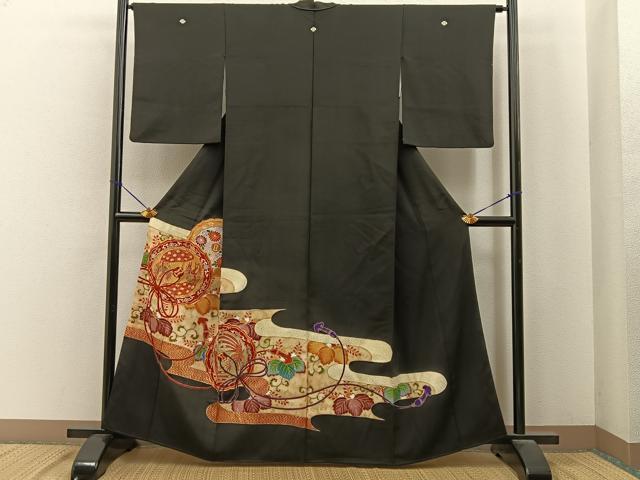 平和屋着物■豪華黒留袖 駒刺繍 鳳凰鏡裏花文 金彩 正絹 逸品 BAAY6732hj
