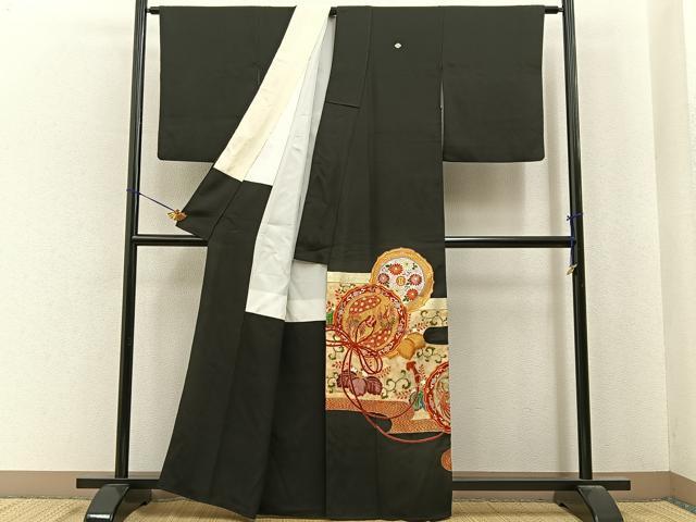 平和屋着物■豪華黒留袖 駒刺繍 鳳凰鏡裏花文 金彩 正絹 逸品 BAAY6732hj