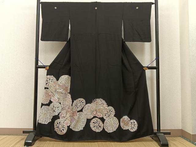 平和屋着物■豪華黒留袖 駒刺繍 束ね熨斗源氏車花文 金彩 正絹 逸品 BAAY6733hj