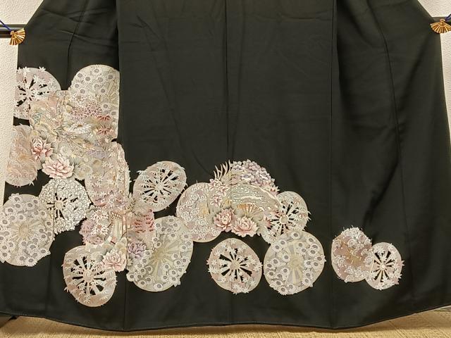 平和屋着物■豪華黒留袖 駒刺繍 束ね熨斗源氏車花文 金彩 正絹 逸品 BAAY6733hj