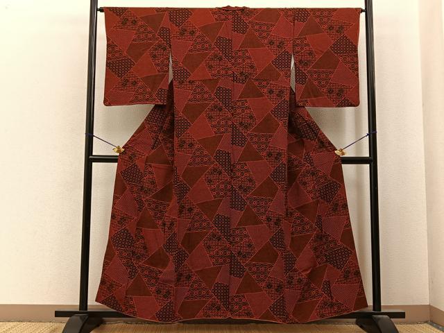 平和屋着物■上質な小紋 型染め 切嵌吉祥花文 お召縮緬 正絹 逸品 BAAY6756hj