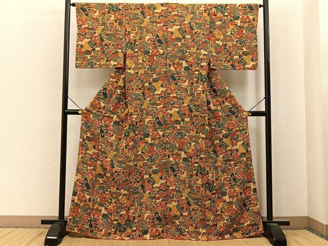 平和屋着物■上質な小紋 型染め 風景花文 正絹 逸品 BAAY6794hj