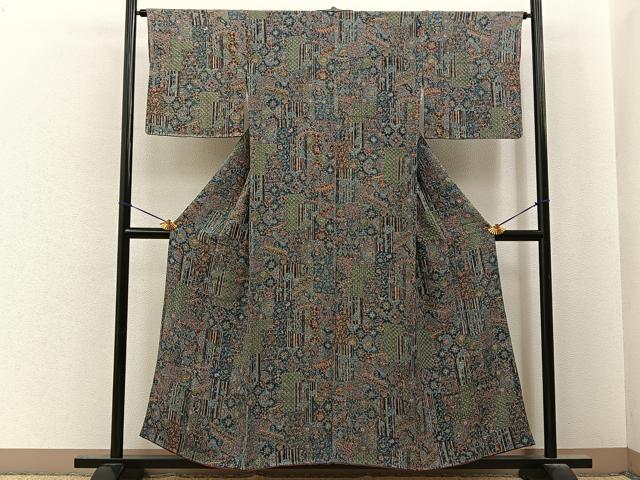 平和屋着物■上質な小紋 更紗花文 鬼しぼ縮緬 正絹 逸品 BAAY6804hj