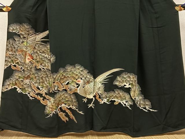 平和屋着物■豪華黒留袖 総刺繍 松に尾長鶏 金糸 正絹 逸品 BAAY6813hj
