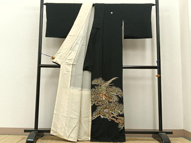 平和屋着物■豪華黒留袖 総刺繍 松に尾長鶏 金糸 正絹 逸品 BAAY6813hj