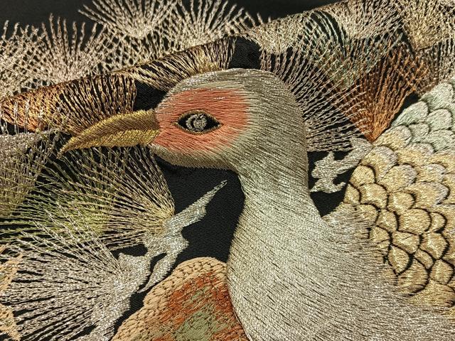 平和屋着物■豪華黒留袖 総刺繍 松に尾長鶏 金糸 正絹 逸品 BAAY6813hj