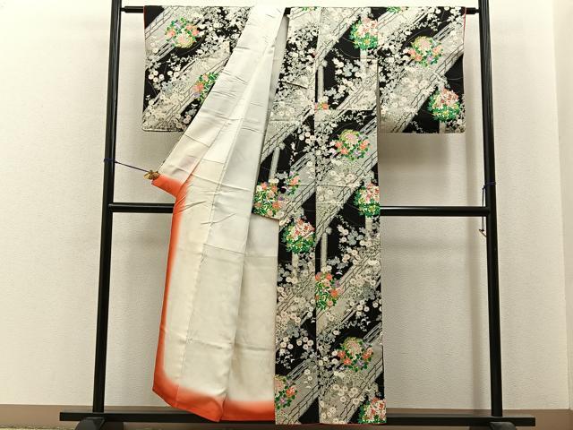 平和屋着物■上質な小紋 渡橋鹿の子花文 黒地 金彩 正絹 逸品 BAAY6815hj