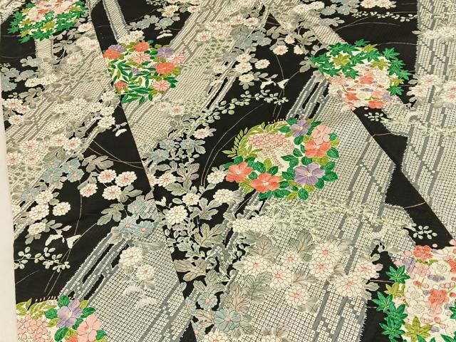 平和屋着物■上質な小紋 渡橋鹿の子花文 黒地 金彩 正絹 逸品 BAAY6815hj