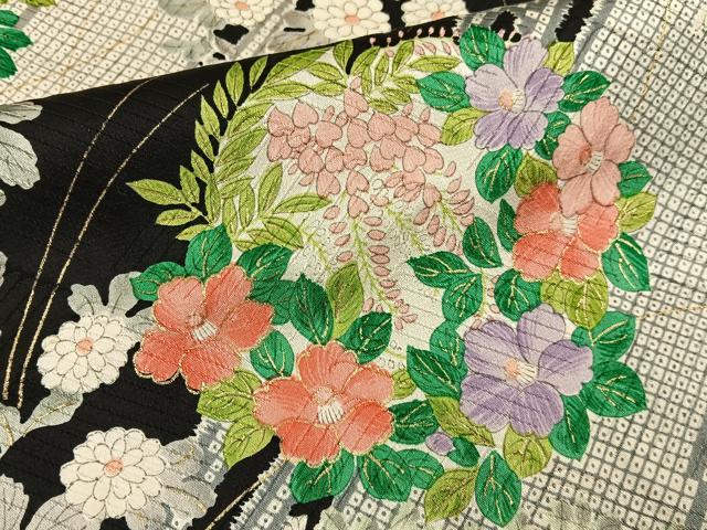 平和屋着物■上質な小紋 渡橋鹿の子花文 黒地 金彩 正絹 逸品 BAAY6815hj