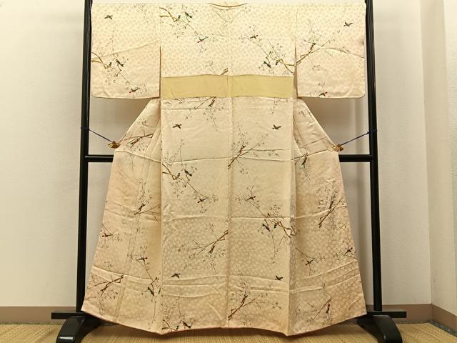 平和屋着物■上質な小紋 手描き 休み鳥枝花文 正絹 逸品 BAAY6820hj