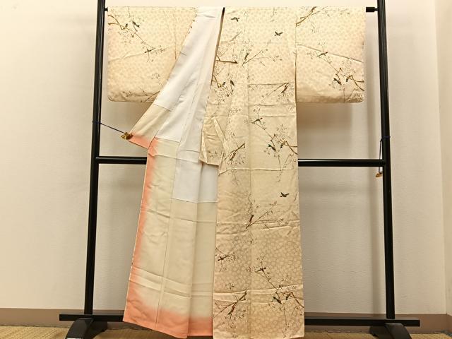 平和屋着物■上質な小紋 手描き 休み鳥枝花文 正絹 逸品 BAAY6820hj