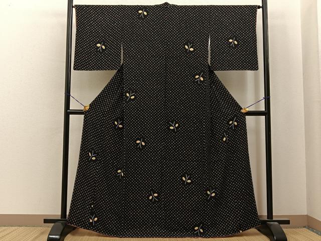 平和屋着物■上質な小紋 総絞り 枝葉文 黒地 正絹 逸品 未使用 BAAY6839hj