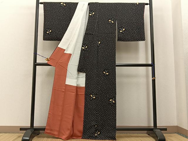 平和屋着物■上質な小紋 総絞り 枝葉文 黒地 正絹 逸品 未使用 BAAY6839hj