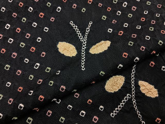 平和屋着物■上質な小紋 総絞り 枝葉文 黒地 正絹 逸品 未使用 BAAY6839hj