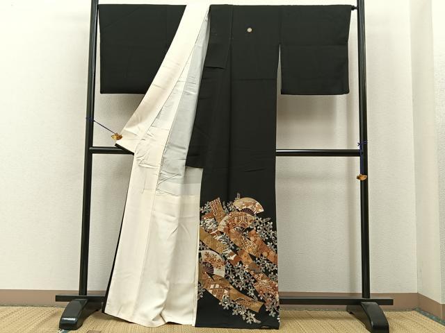 平和屋着物■豪華黒留袖 駒刺繍 扇面短冊花文 金彩 正絹 逸品 BAAY6868hj
