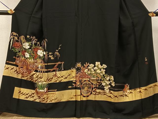平和屋着物●松尾光琳 黒留袖 駒刺繍 飛鶴花車文 金彩 正絹 逸品 BAAY6891hj