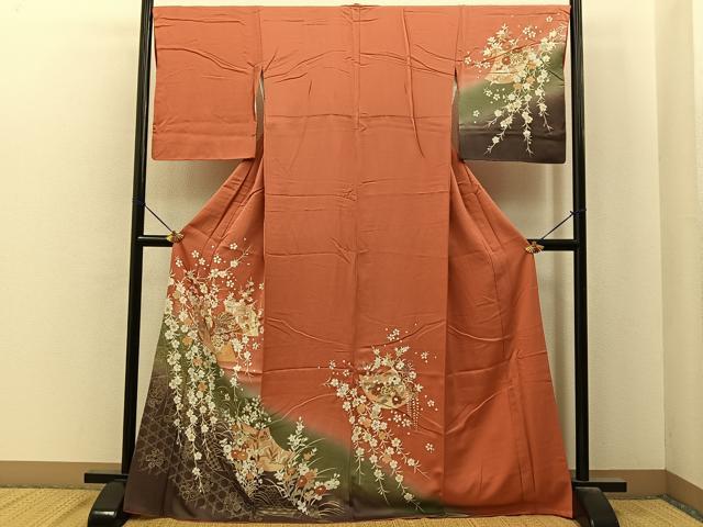 平和屋着物●訪問着 色紙花鳥文 暈し染め 金彩 三越扱い ロング丈 正絹 逸品 BAAY6912hj