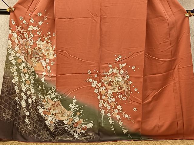 平和屋着物●訪問着 色紙花鳥文 暈し染め 金彩 三越扱い ロング丈 正絹 逸品 BAAY6912hj