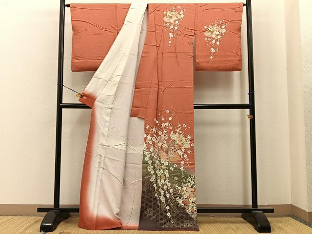 平和屋着物●訪問着 色紙花鳥文 暈し染め 金彩 三越扱い ロング丈 正絹 逸品 BAAY6912hj