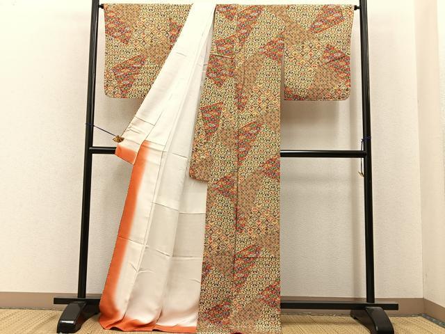 平和屋着物■上質な小紋 型染め 扇面吉祥花文 ロング丈 正絹 逸品 BAAY6933hj