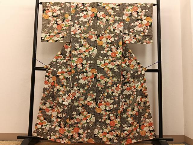 平和屋着物■上質な小紋 雲取菊花文 黒地 金彩 正絹 逸品 BAAY6941hj