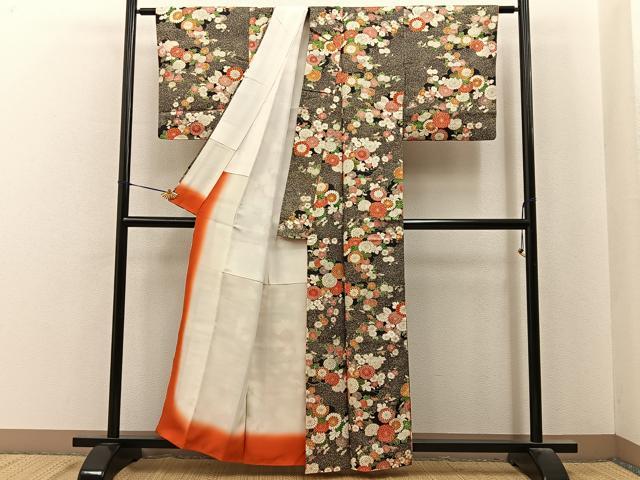 平和屋着物■上質な小紋 雲取菊花文 黒地 金彩 正絹 逸品 BAAY6941hj
