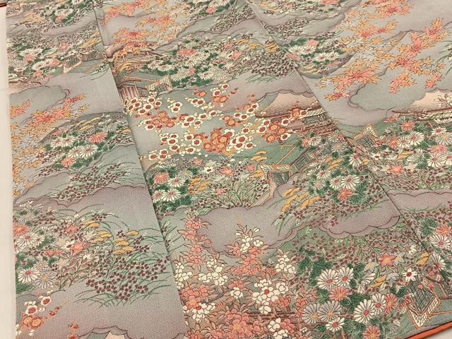 平和屋着物■上質な小紋 御所車秋草文 鬼しぼ縮緬 正絹 逸品 未使用 BAAY6960hj