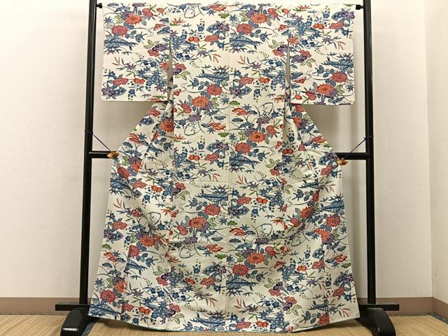 平和屋着物■上質な小紋 紬地 型染め 流水草花文 正絹 逸品 BAAY8068hj