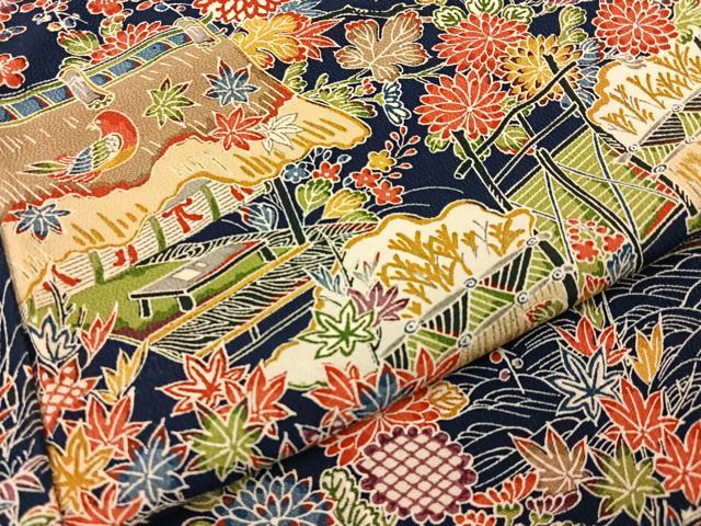 平和屋着物■上質な小紋 型染め 御所解花鳥文 濃紺地 正絹 逸品 BAAY8071hj
