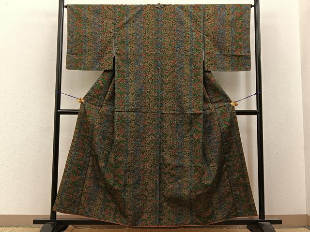 平和屋着物■上質な小紋 紬地 更紗花唐草文 正絹 逸品 BAAY8079hj