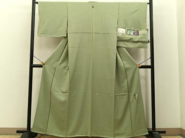 平和屋着物●本草木染作家 瑞寶 色無地 杜若地紋 若葉色 反端付き 正絹 逸品 未使用 BAAY8103hj