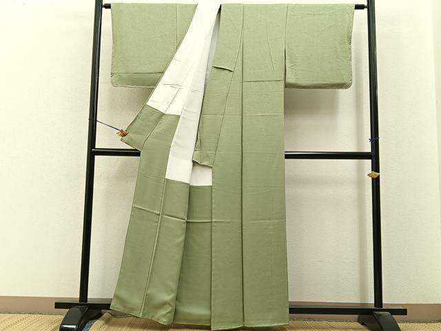 平和屋着物●本草木染作家 瑞寶 色無地 杜若地紋 若葉色 反端付き 正絹 逸品 未使用 BAAY8103hj