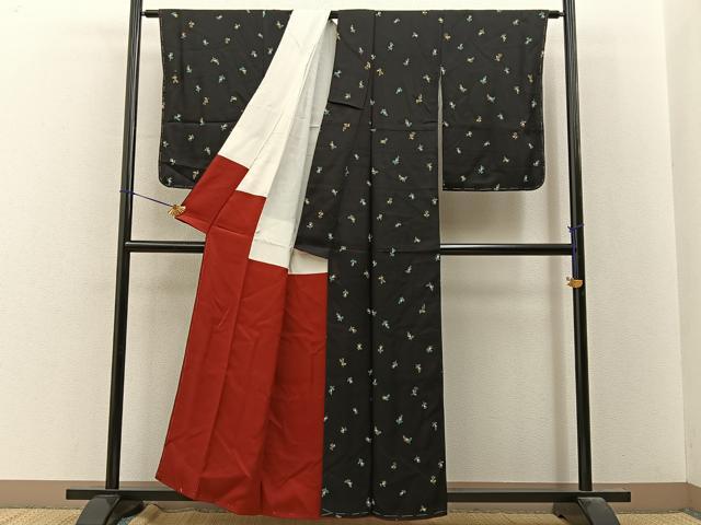 平和屋着物●上質な小紋 草花文 黒地 金彩 正絹 逸品 未使用 BAAY8123hj